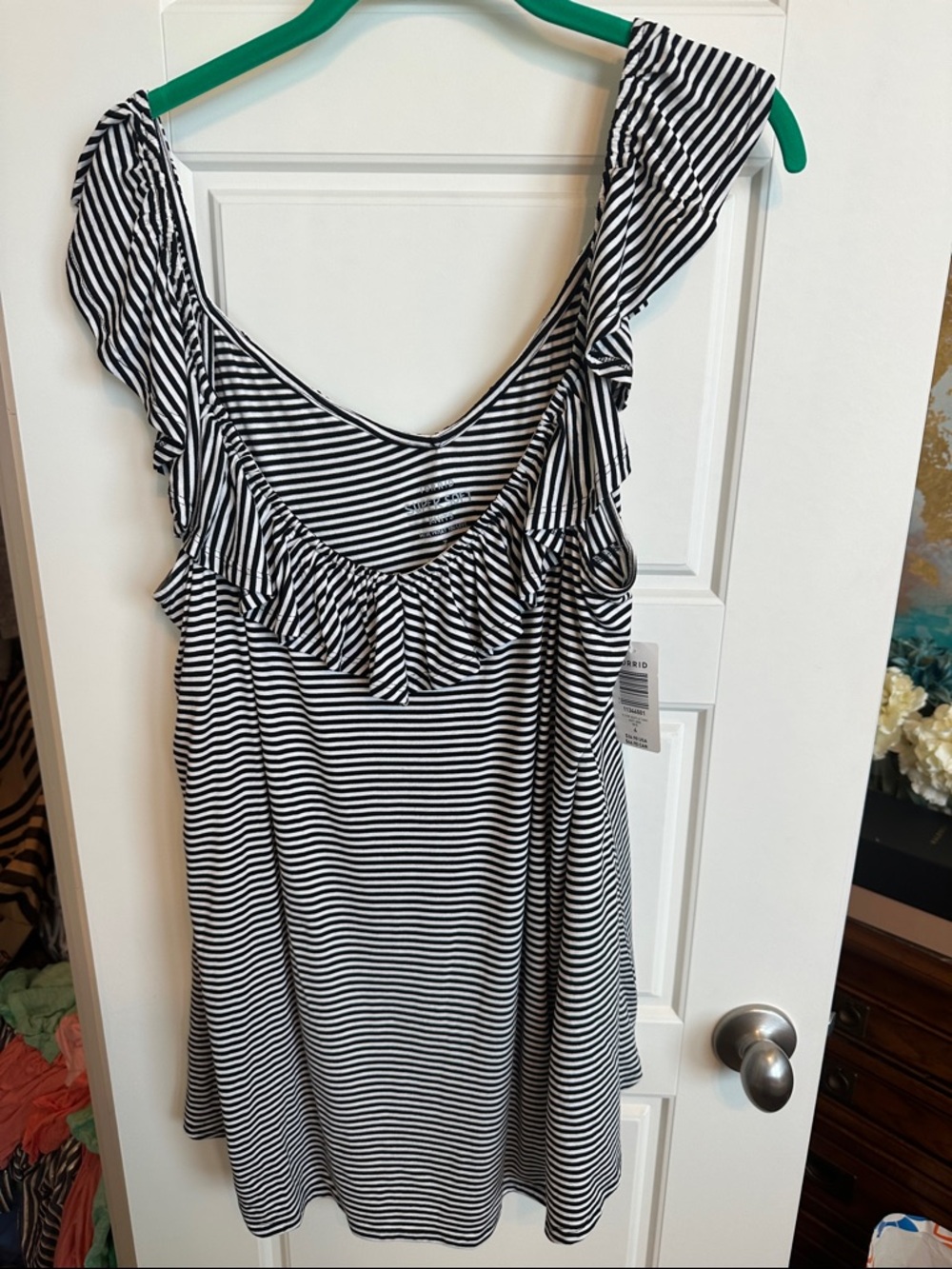 Torrid Black and White Striped Ruffle Tank